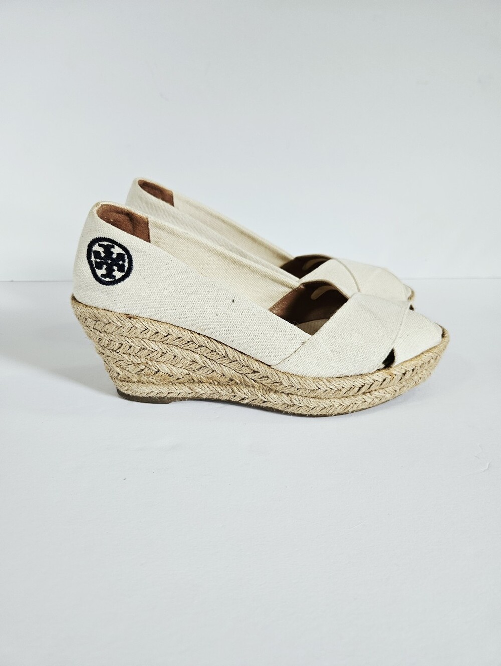 Tory Burch Natural Filipa Canvas Criss Cross Jute Wedge Peep Toe Espadrilles 38